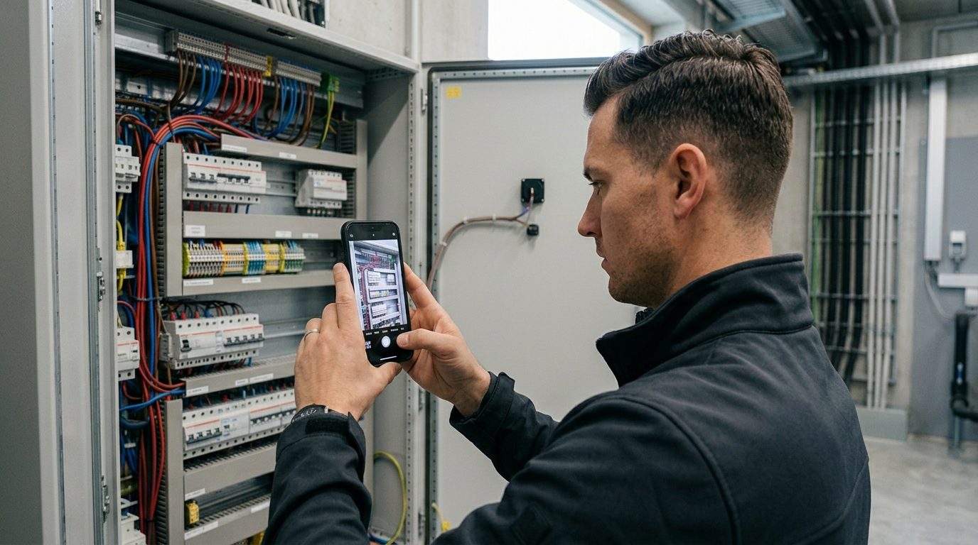 Monteur maakt met smartphone een foto van een verdeelkast